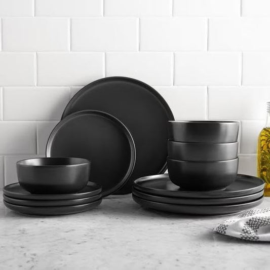 12-Piece Matte Black Stoneware Dinnerware Set