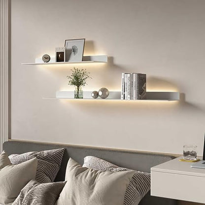 Metal Wall Mounted Floating Shelves with Led Lights Set of 2, Hanging Display Rack for Livingroom Kitchen Bathroom, Built-in Illuminated Led Light Display Shelf