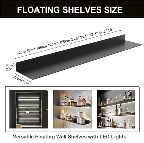 Metal Wall Mounted Floating Shelves with Led Lights Set of 2, Hanging Display Rack for Livingroom Kitchen Bathroom, Built-in Illuminated Led Light Display Shelf