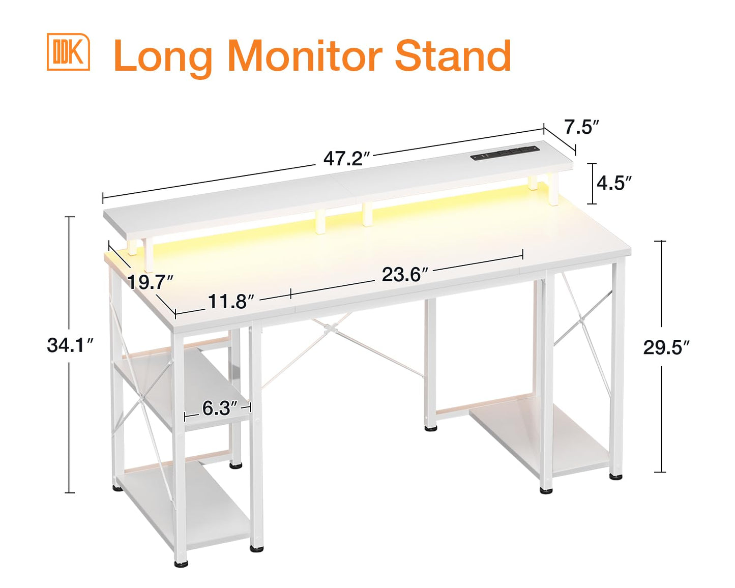 ODK White Desk with Storage Shelves, 48 Inch Gaming Computer Desk with Led Lights & Power Outlet, Writing Desk with Monitor Stand, Work Desk Table for Home Office