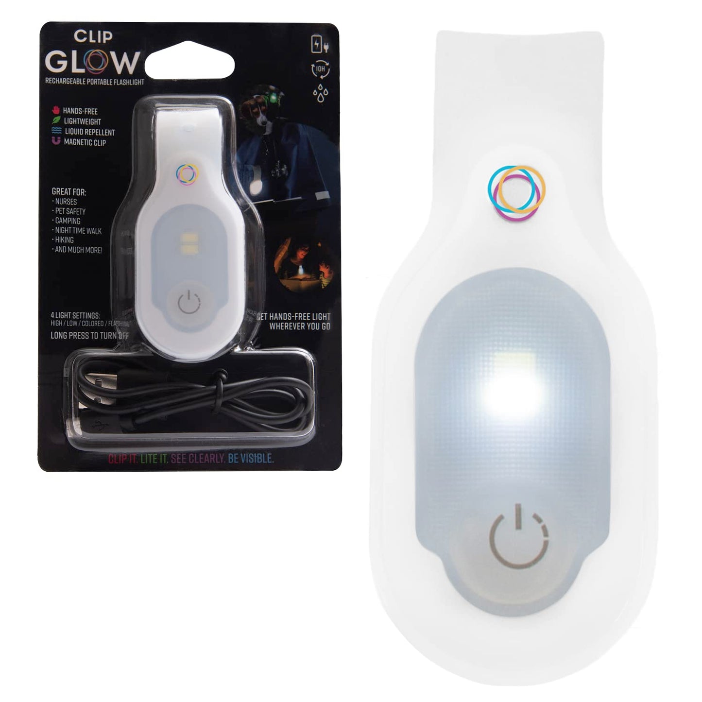 ClipGlow Rechargeable Night Light Nurse Nightshift Hands Free Lightweight Emergency Flashlight For Walking Running Pets Outdoors (White)