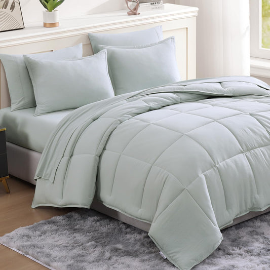 Queen Comforter Set - Bed in a Bag Queen 7 Pieces, Washed Bedding Sets with Comforters, Sheets, Pillowcases & Shams - Mineral