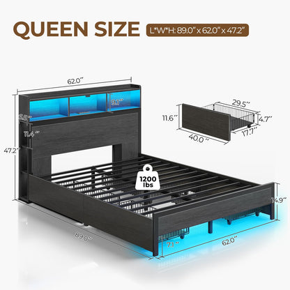 Rolanstar Queen Bed Frame with Storage Headboard, Metal Platform Bed with Charging Station, LED Bed Frame with 4 Drawers, Bookcase Storage, No Box Spring Needed, Easy Assembly, Noise-Free, Black