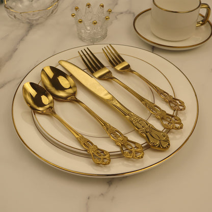 Runfly Gorgeous Retro Royal Gold Stainless Steel 20 Pieces Flatware Set, Golden Silverware Set, Anti-Rust Stainless Steel Gold Cutlery Set Utensils Including Fork Spoon and Knife