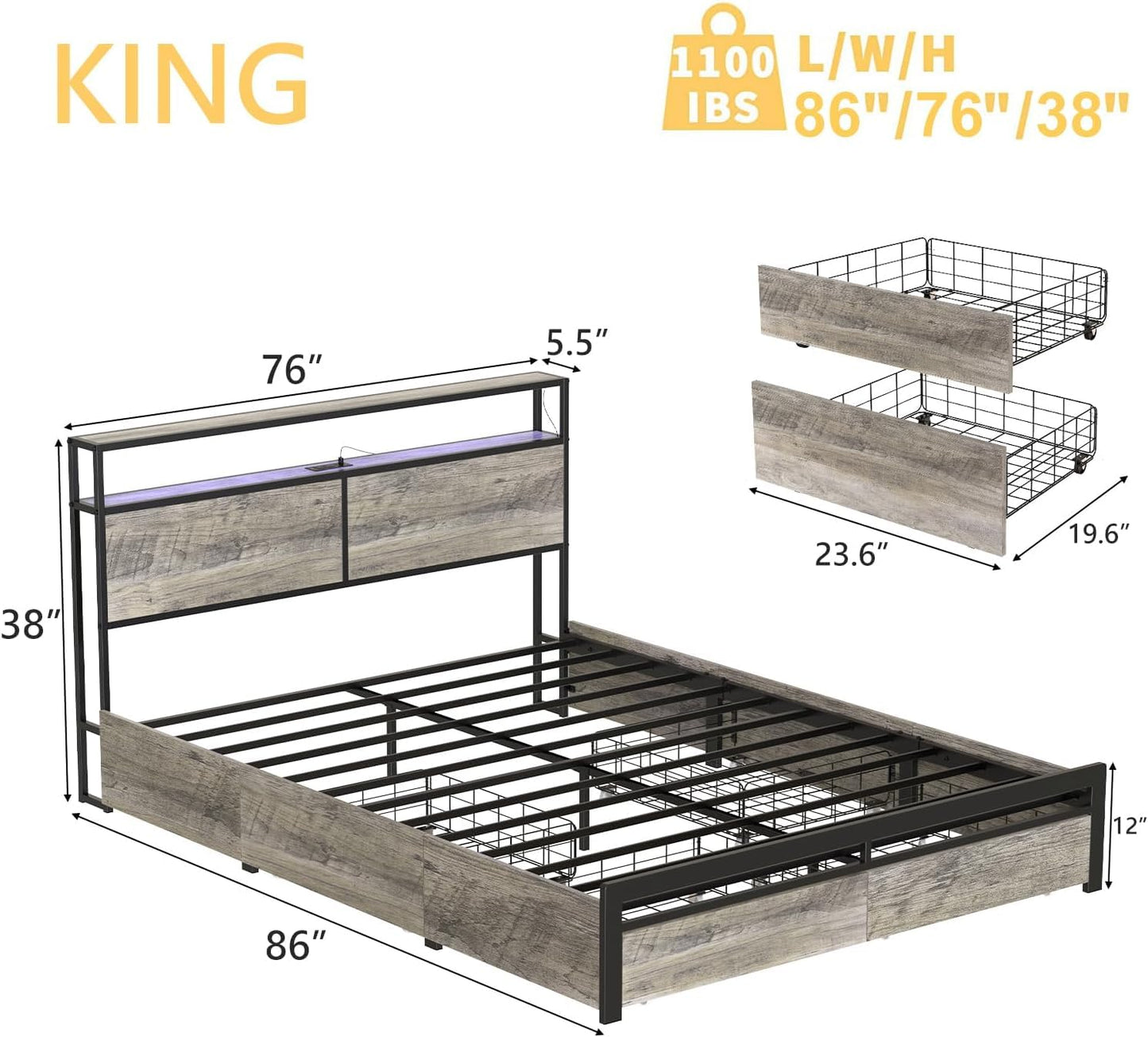 HAUSOURCE Queen Bed Frame with Storage Headboard and 4 Drawers LED Lights Metal Platform Non-Slip Without Noise Mattress Foundation Strong Metal Slats Support No Box Spring Needed