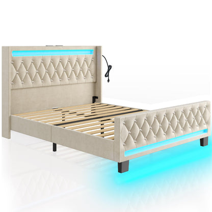 Rolanstar Queen Bed Frame with LED Light and Charging Station, Upholstered High Headboard and Footboard, Wood Slats, Noise Free, Easy Assembly, White