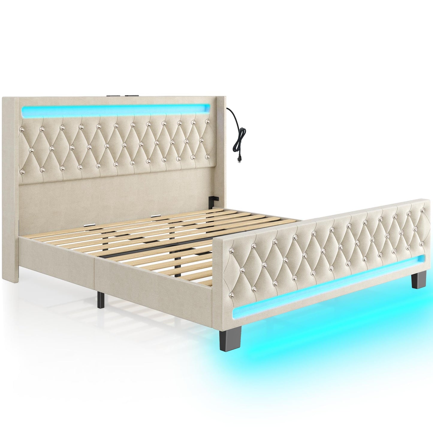 Rolanstar Queen Bed Frame with LED Light and Charging Station, Upholstered High Headboard and Footboard, Wood Slats, Noise Free, Easy Assembly, White