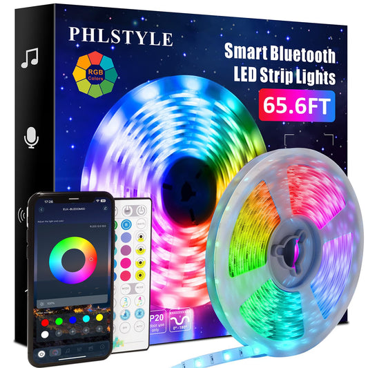 PHLSTYLE 65.6ft/20m LED Lights Room Decor, LED Lights Strip for Bedroom Music Sync, App Controlled Bluetooth RGB LED Light Strips, with Remote 16 Million Color Changing LED Strip Lights, Built-in Mic