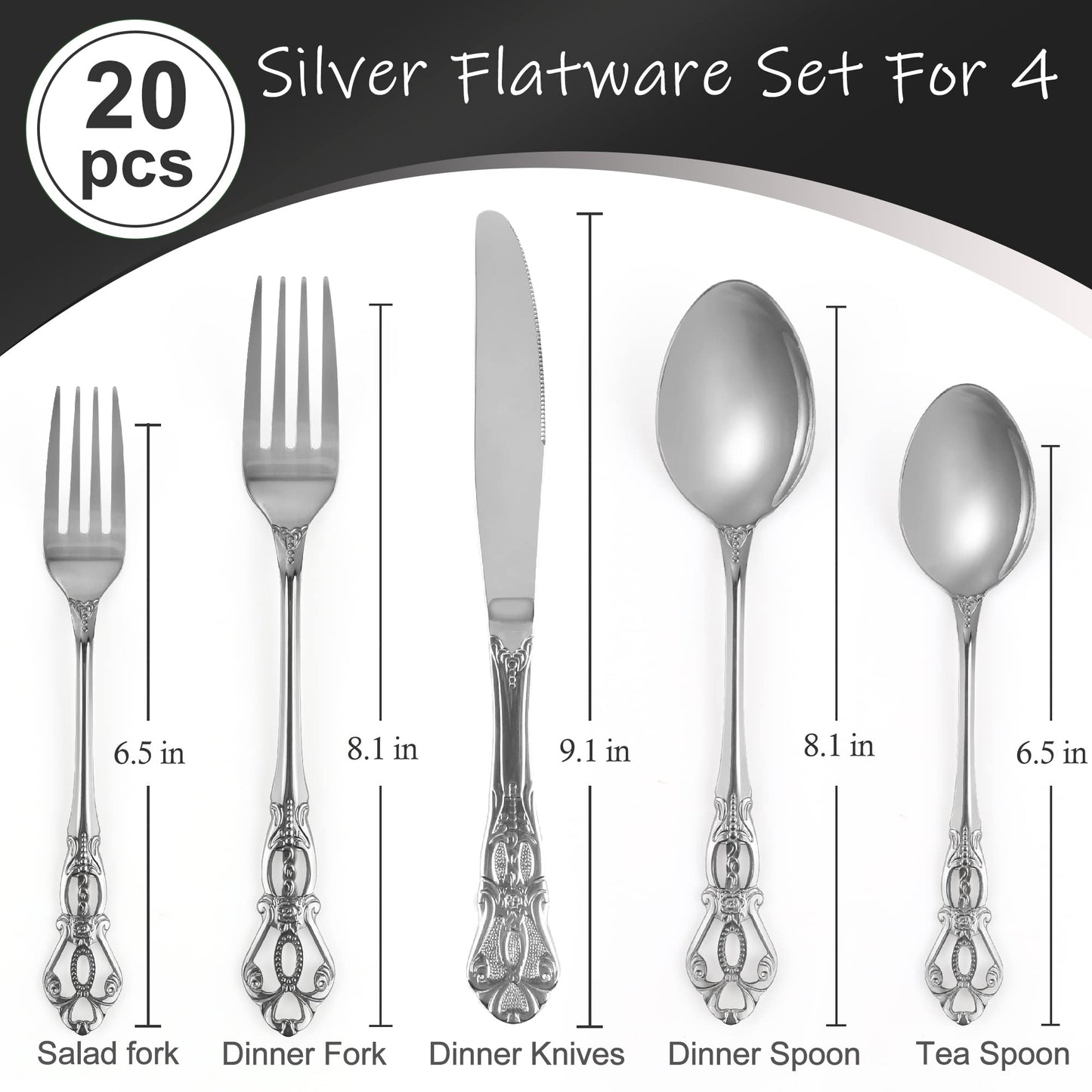 Runfly Gorgeous Retro Royal Gold Stainless Steel 20 Pieces Flatware Set, Golden Silverware Set, Anti-Rust Stainless Steel Gold Cutlery Set Utensils Including Fork Spoon and Knife