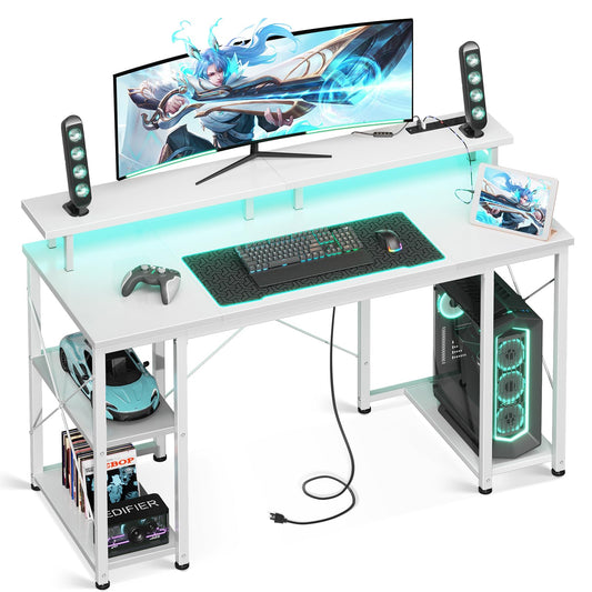 ODK White Desk with Storage Shelves, 48 Inch Gaming Computer Desk with Led Lights & Power Outlet, Writing Desk with Monitor Stand, Work Desk Table for Home Office