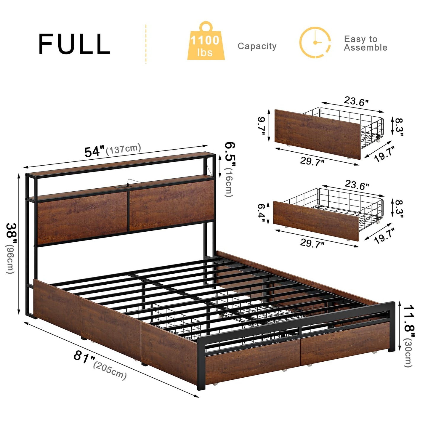 HAUSOURCE Queen Bed Frame with Storage Headboard and 4 Drawers LED Lights Metal Platform Non-Slip Without Noise Mattress Foundation Strong Metal Slats Support No Box Spring Needed