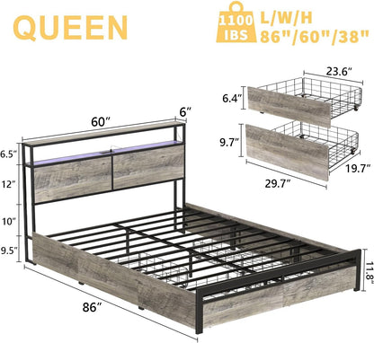 HAUSOURCE Queen Bed Frame with Storage Headboard and 4 Drawers LED Lights Metal Platform Non-Slip Without Noise Mattress Foundation Strong Metal Slats Support No Box Spring Needed