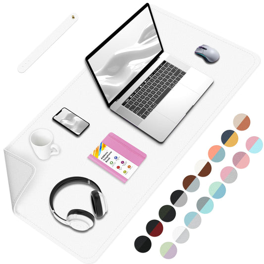 Double-Sided Office Desk Mat, Large Mouse Pad, Waterproof PU Leather Protective Pad, Laptop Desk Pad, Dual Use Cover Protector for Office/Home Keyboard (White+Slivery, 31.5''×15.8'')