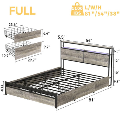 HAUSOURCE Queen Bed Frame with Storage Headboard and 4 Drawers LED Lights Metal Platform Non-Slip Without Noise Mattress Foundation Strong Metal Slats Support No Box Spring Needed