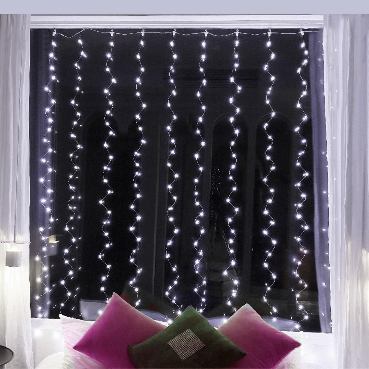 Dofash Curtain Lights, 2 Pack Fairy Curtain Lights 300 LED in 8 Modes, with Remote and Timer String Lights for Bedroom, Indoor, Outdoor, Wedding, Party Wall Decorations, Warm White (9.8x9.8Ft)