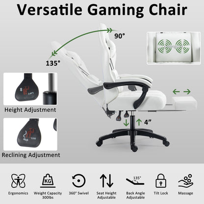 Mondschein Gaming Chair Fabric with Pocket Spring Cushion Office Chair Massage Computer Chair with Footrest and Linkage Armrests Ergonomic Adjustable Desk Gamer Chair Lumbar Support (White)