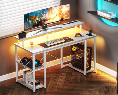 ODK White Desk with Storage Shelves, 48 Inch Gaming Computer Desk with Led Lights & Power Outlet, Writing Desk with Monitor Stand, Work Desk Table for Home Office