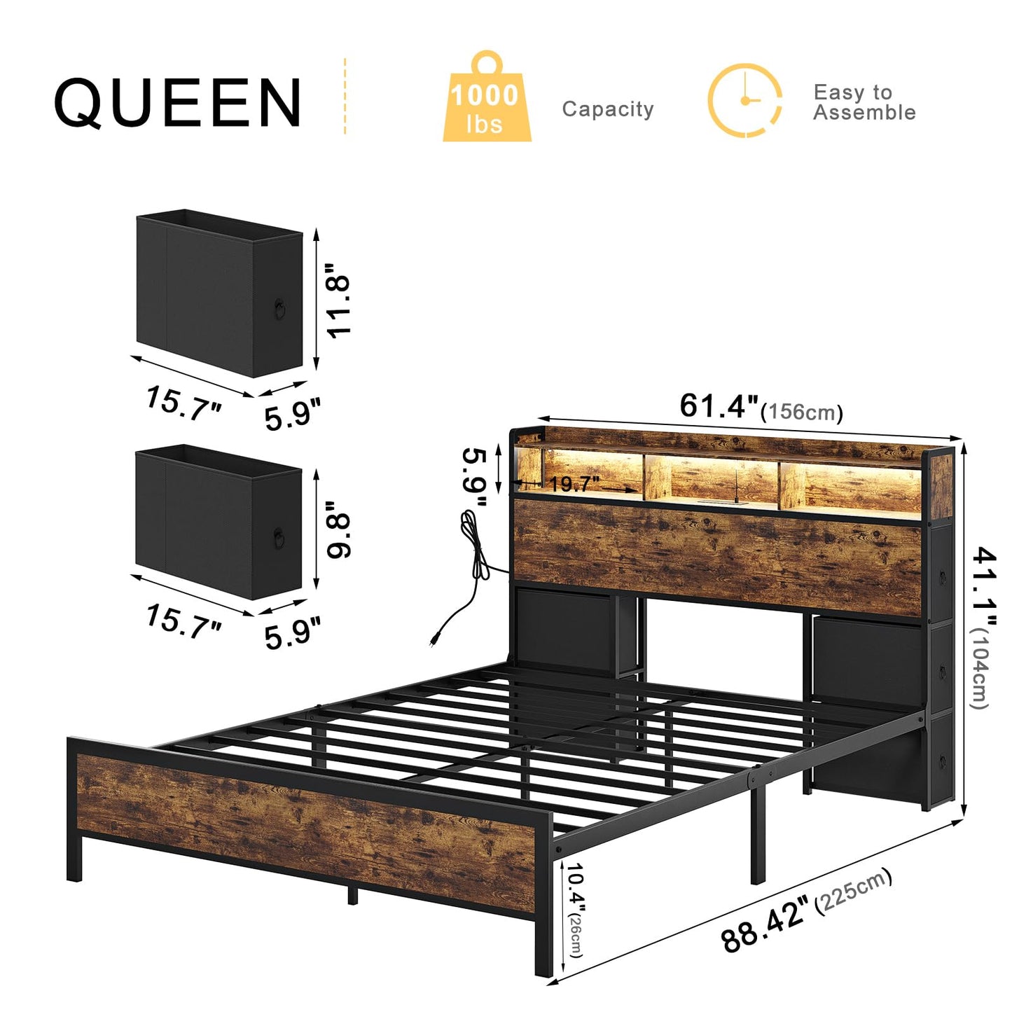 HAUSOURCE Queen Bed Frame with Bookcase Headboard and 6 Headboard Storage Drawers LED Lights Metal Platform Non-Slip Without Noise Metal Slats Support No Box Spring Needed (Rustic Brown, Queen)