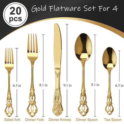 Runfly Gorgeous Retro Royal Gold Stainless Steel 20 Pieces Flatware Set, Golden Silverware Set, Anti-Rust Stainless Steel Gold Cutlery Set Utensils Including Fork Spoon and Knife