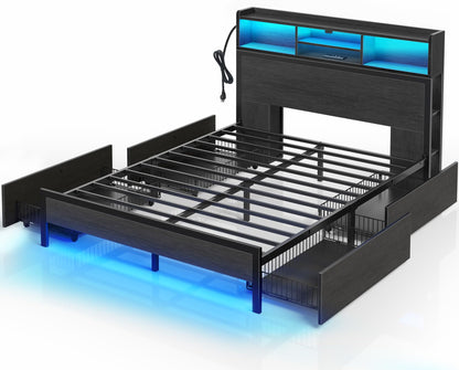 Rolanstar Queen Bed Frame with Storage Headboard, Metal Platform Bed with Charging Station, LED Bed Frame with 4 Drawers, Bookcase Storage, No Box Spring Needed, Easy Assembly, Noise-Free, Black