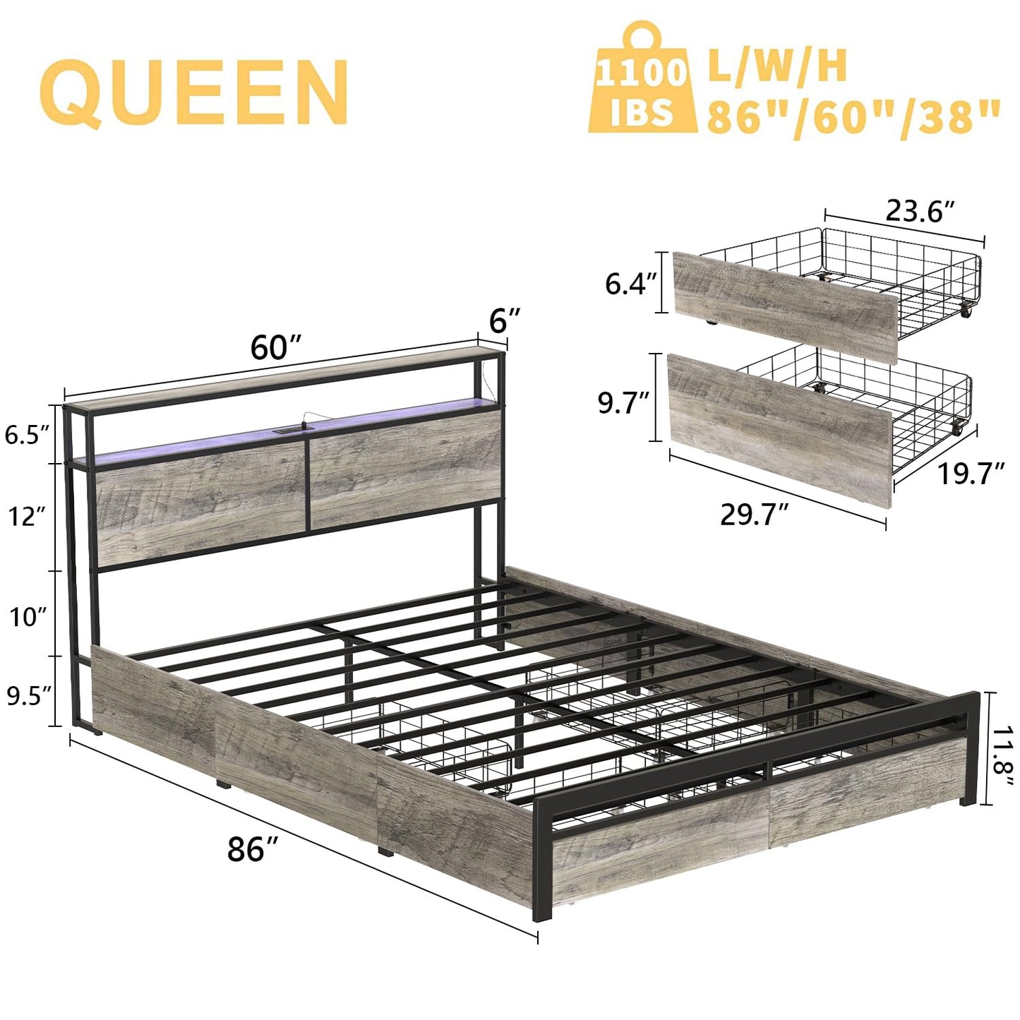 HAUSOURCE Queen Bed Frame with Storage Headboard and 4 Drawers LED Lights Metal Platform Non-Slip Without Noise Mattress Foundation Strong Metal Slats Support No Box Spring Needed