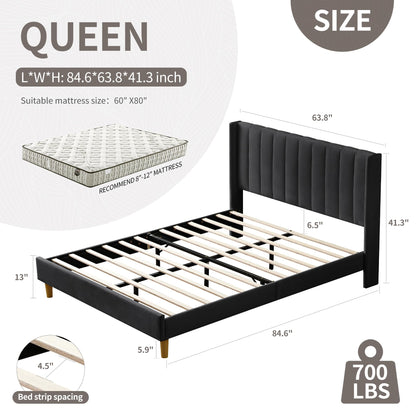 YUHUASHI upholstered Platform Bed Frame/Queen Bed Frame/Modern Geometric Double-Wing Design headboard/Linen Fabric/Easy to Assemble no Noise (Black, Queen (U.S. Standard))