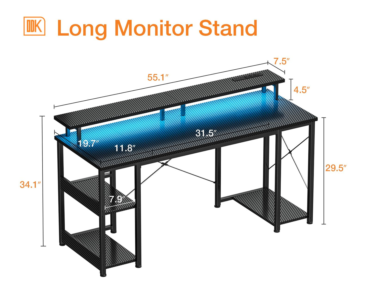 ODK White Desk with Storage Shelves, 48 Inch Gaming Computer Desk with Led Lights & Power Outlet, Writing Desk with Monitor Stand, Work Desk Table for Home Office