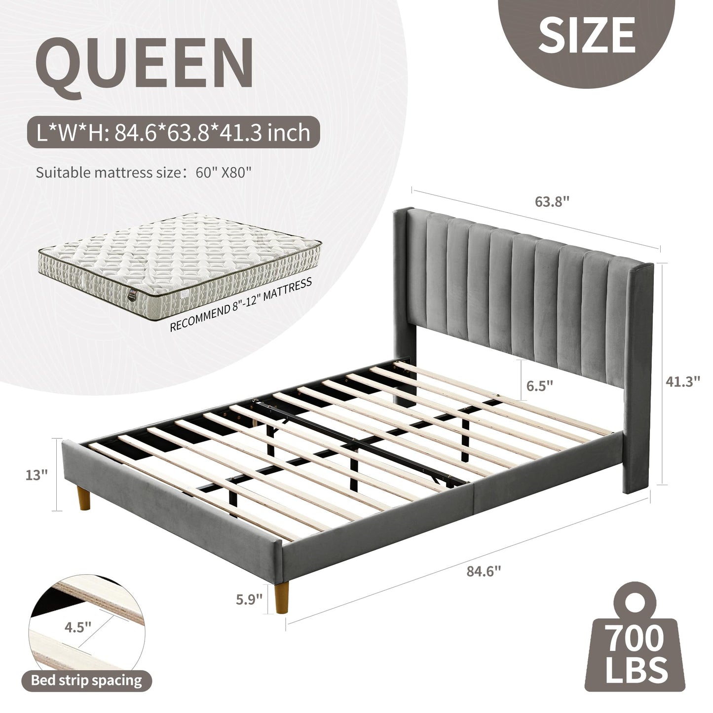 YUHUASHI upholstered Platform Bed Frame/Queen Bed Frame/Modern Geometric Double-Wing Design headboard/Linen Fabric/Easy to Assemble no Noise (Black, Queen (U.S. Standard))