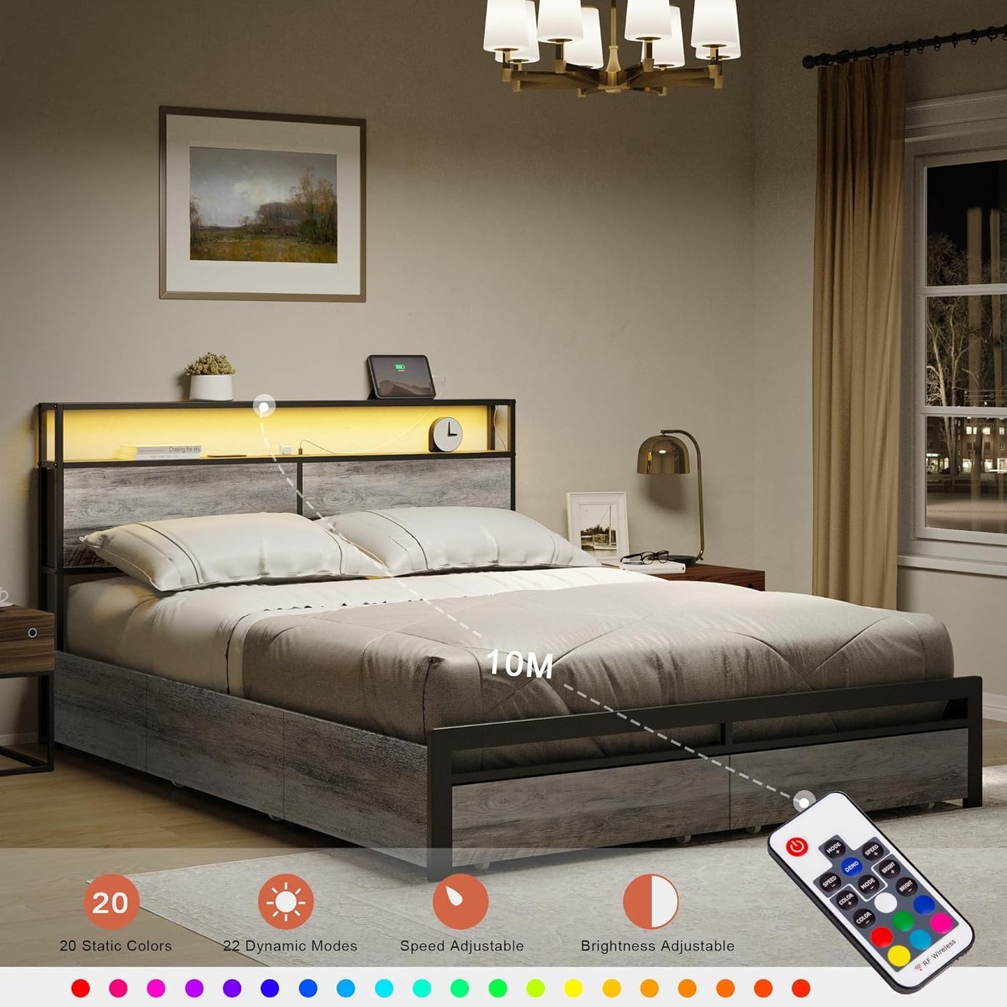 HAUSOURCE Queen Bed Frame with Storage Headboard and 4 Drawers LED Lights Metal Platform Non-Slip Without Noise Mattress Foundation Strong Metal Slats Support No Box Spring Needed