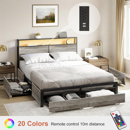 HAUSOURCE Queen Bed Frame with Storage Headboard and 4 Drawers LED Lights Metal Platform Non-Slip Without Noise Mattress Foundation Strong Metal Slats Support No Box Spring Needed