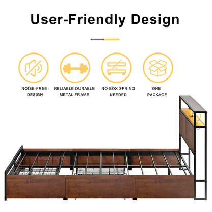 HAUSOURCE Queen Bed Frame with Storage Headboard and 4 Drawers LED Lights Metal Platform Non-Slip Without Noise Mattress Foundation Strong Metal Slats Support No Box Spring Needed