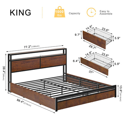 HAUSOURCE Queen Bed Frame with Storage Headboard and 4 Drawers LED Lights Metal Platform Non-Slip Without Noise Mattress Foundation Strong Metal Slats Support No Box Spring Needed