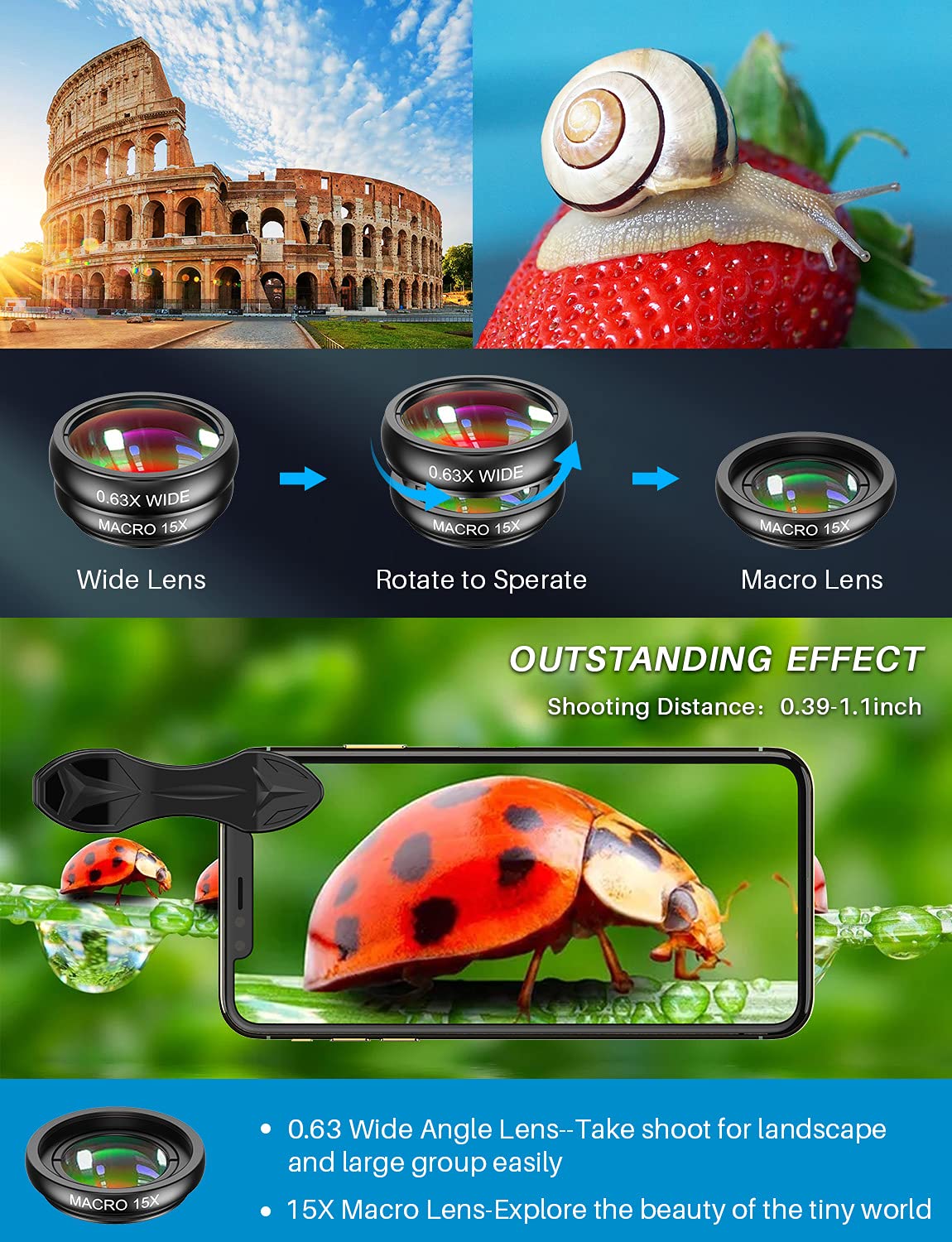 MIAO LAB 11 in 1 Phone Camera Lens Kit - Wide Angle Lens & Macro Lens+Fisheye Lens/ND32/kaleidoscope/CPL/Color Lens Compatible with iPhone Samsung Sony and Most of Smartphone