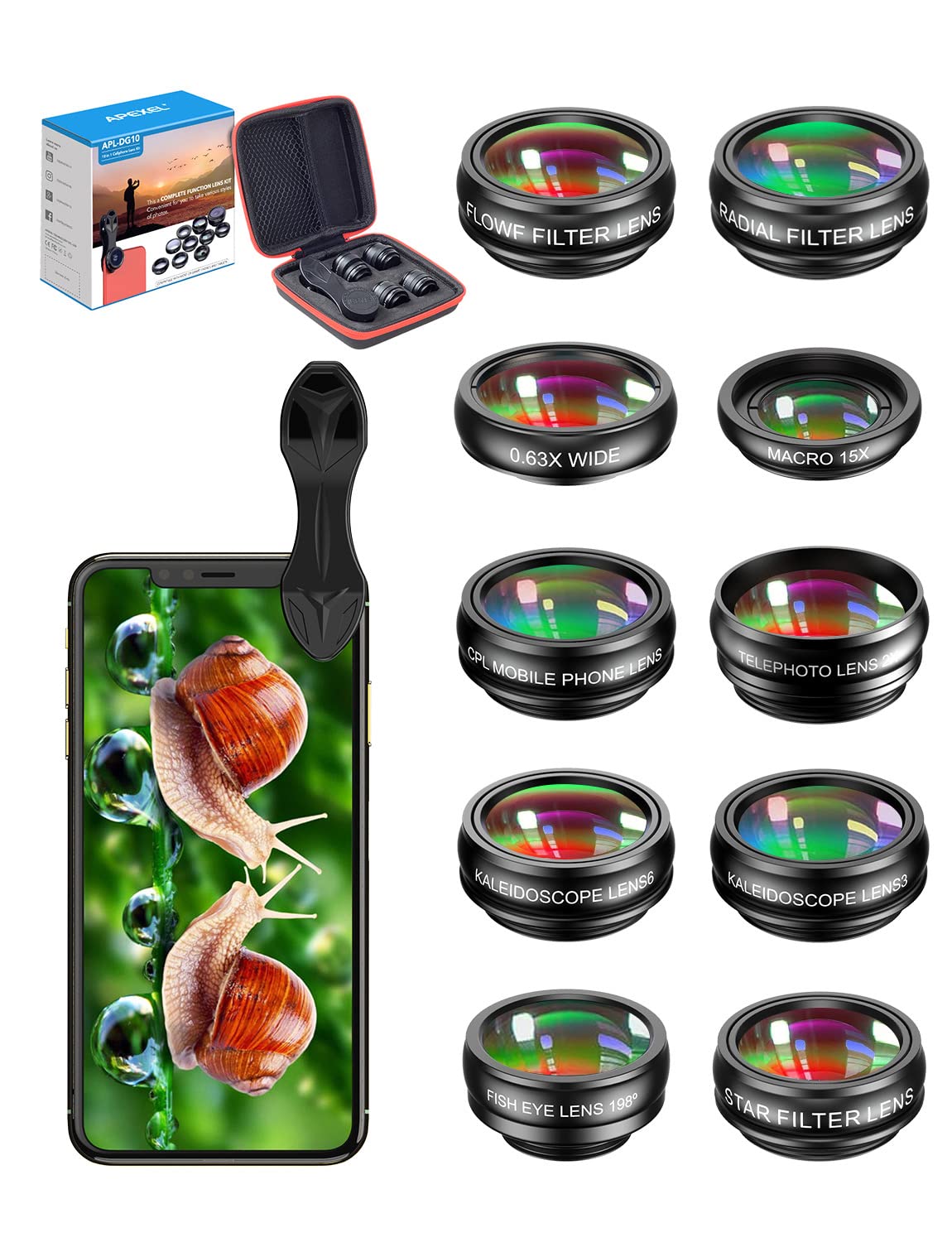 MIAO LAB 11 in 1 Phone Camera Lens Kit - Wide Angle Lens & Macro Lens+Fisheye Lens/ND32/kaleidoscope/CPL/Color Lens Compatible with iPhone Samsung Sony and Most of Smartphone