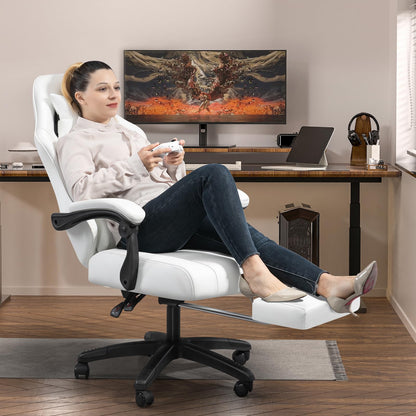 Mondschein Gaming Chair Fabric with Pocket Spring Cushion Office Chair Massage Computer Chair with Footrest and Linkage Armrests Ergonomic Adjustable Desk Gamer Chair Lumbar Support (White)