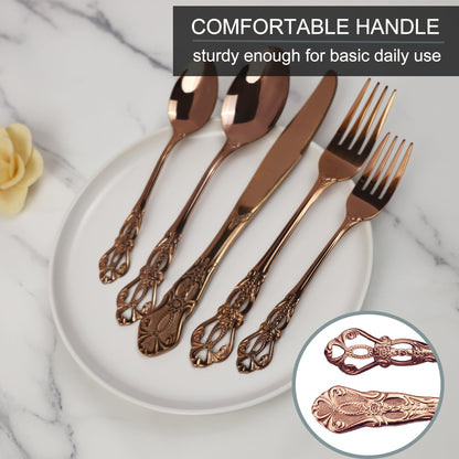 Runfly Gorgeous Retro Royal Gold Stainless Steel 20 Pieces Flatware Set, Golden Silverware Set, Anti-Rust Stainless Steel Gold Cutlery Set Utensils Including Fork Spoon and Knife