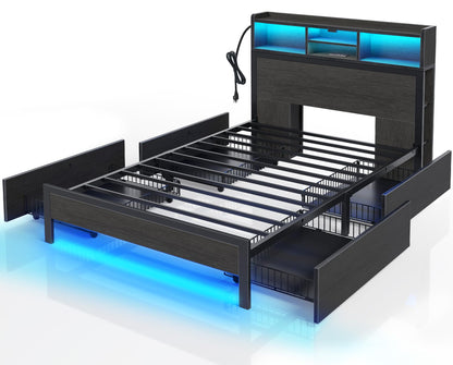 Rolanstar Queen Bed Frame with Storage Headboard, Metal Platform Bed with Charging Station, LED Bed Frame with 4 Drawers, Bookcase Storage, No Box Spring Needed, Easy Assembly, Noise-Free, Black