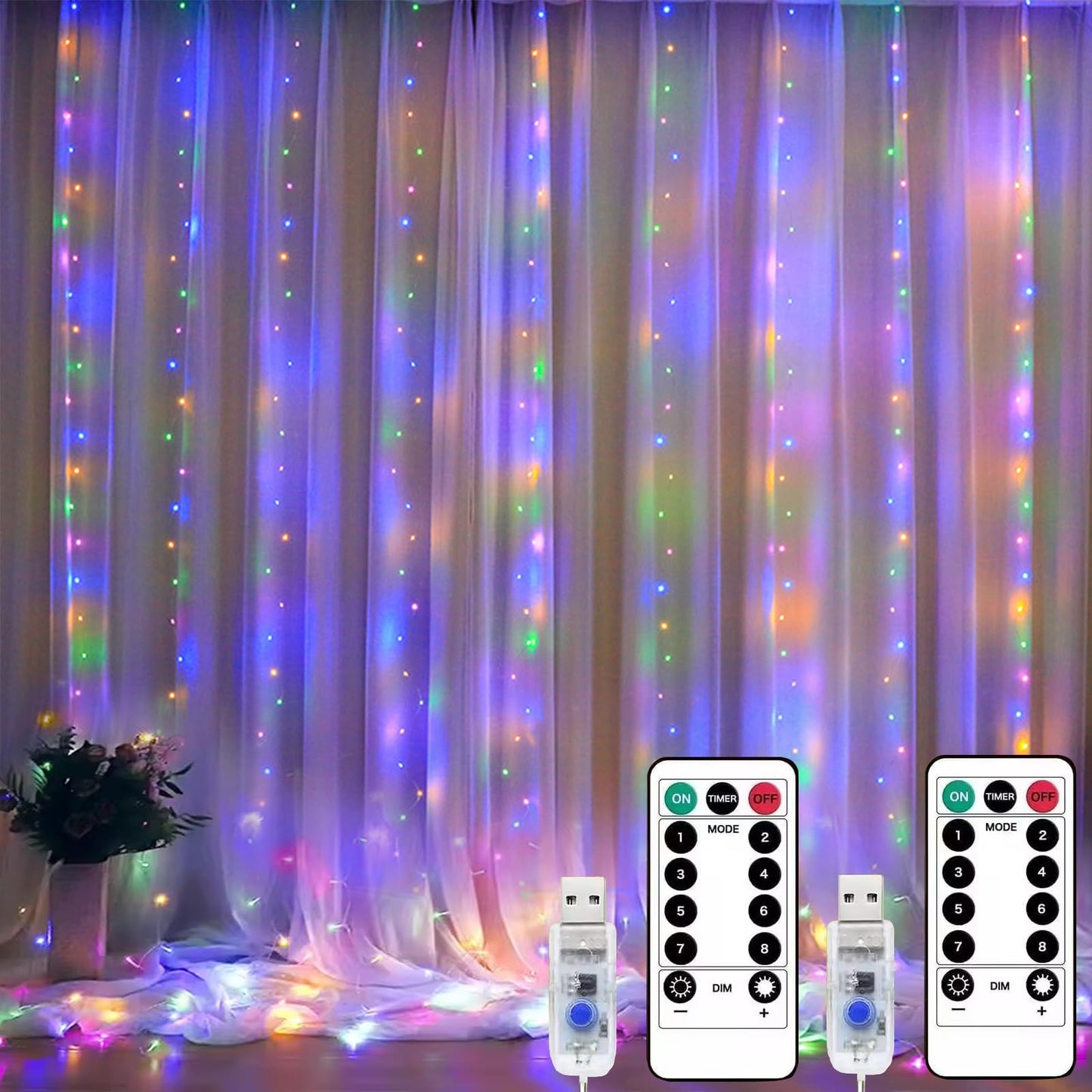 Dofash Curtain Lights, 2 Pack Fairy Curtain Lights 300 LED in 8 Modes, with Remote and Timer String Lights for Bedroom, Indoor, Outdoor, Wedding, Party Wall Decorations, Warm White (9.8x9.8Ft)