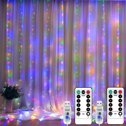 Dofash Curtain Lights, 2 Pack Fairy Curtain Lights 300 LED in 8 Modes, with Remote and Timer String Lights for Bedroom, Indoor, Outdoor, Wedding, Party Wall Decorations, Warm White (9.8x9.8Ft)