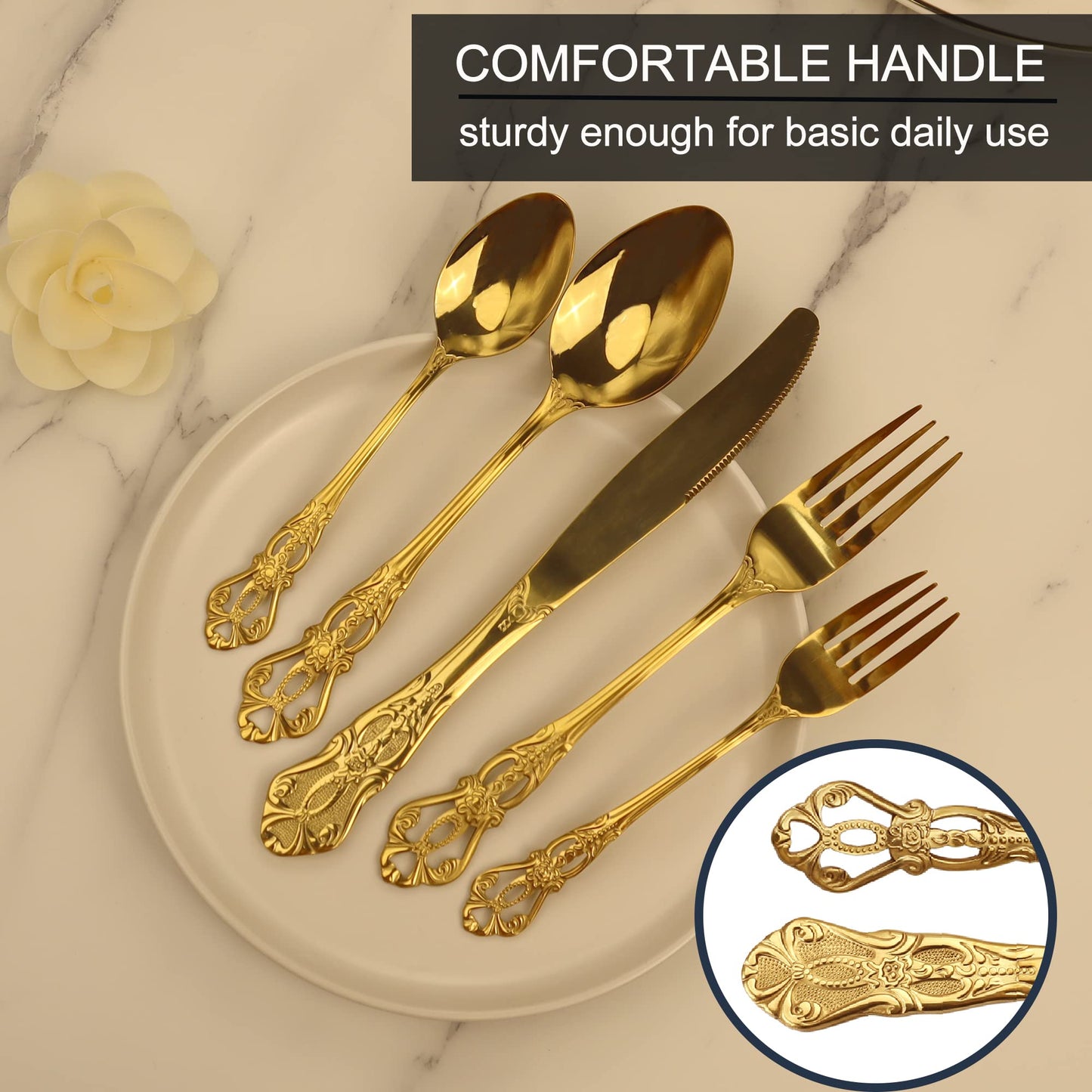 Runfly Gorgeous Retro Royal Gold Stainless Steel 20 Pieces Flatware Set, Golden Silverware Set, Anti-Rust Stainless Steel Gold Cutlery Set Utensils Including Fork Spoon and Knife