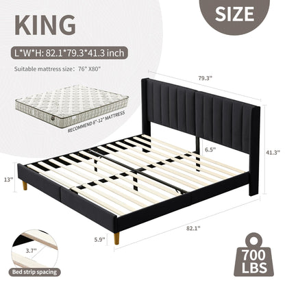 YUHUASHI upholstered Platform Bed Frame/Queen Bed Frame/Modern Geometric Double-Wing Design headboard/Linen Fabric/Easy to Assemble no Noise (Black, Queen (U.S. Standard))