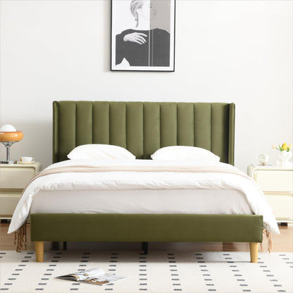 YUHUASHI upholstered Platform Bed Frame/Queen Bed Frame/Modern Geometric Double-Wing Design headboard/Linen Fabric/Easy to Assemble no Noise (Black, Queen (U.S. Standard))