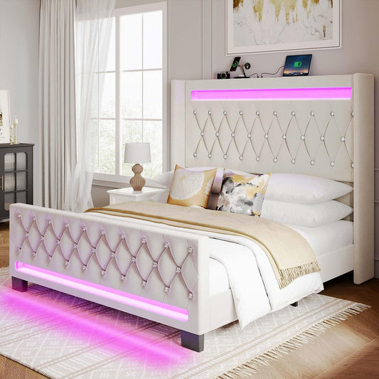 Rolanstar Queen Bed Frame with LED Light and Charging Station, Upholstered High Headboard and Footboard, Wood Slats, Noise Free, Easy Assembly, White