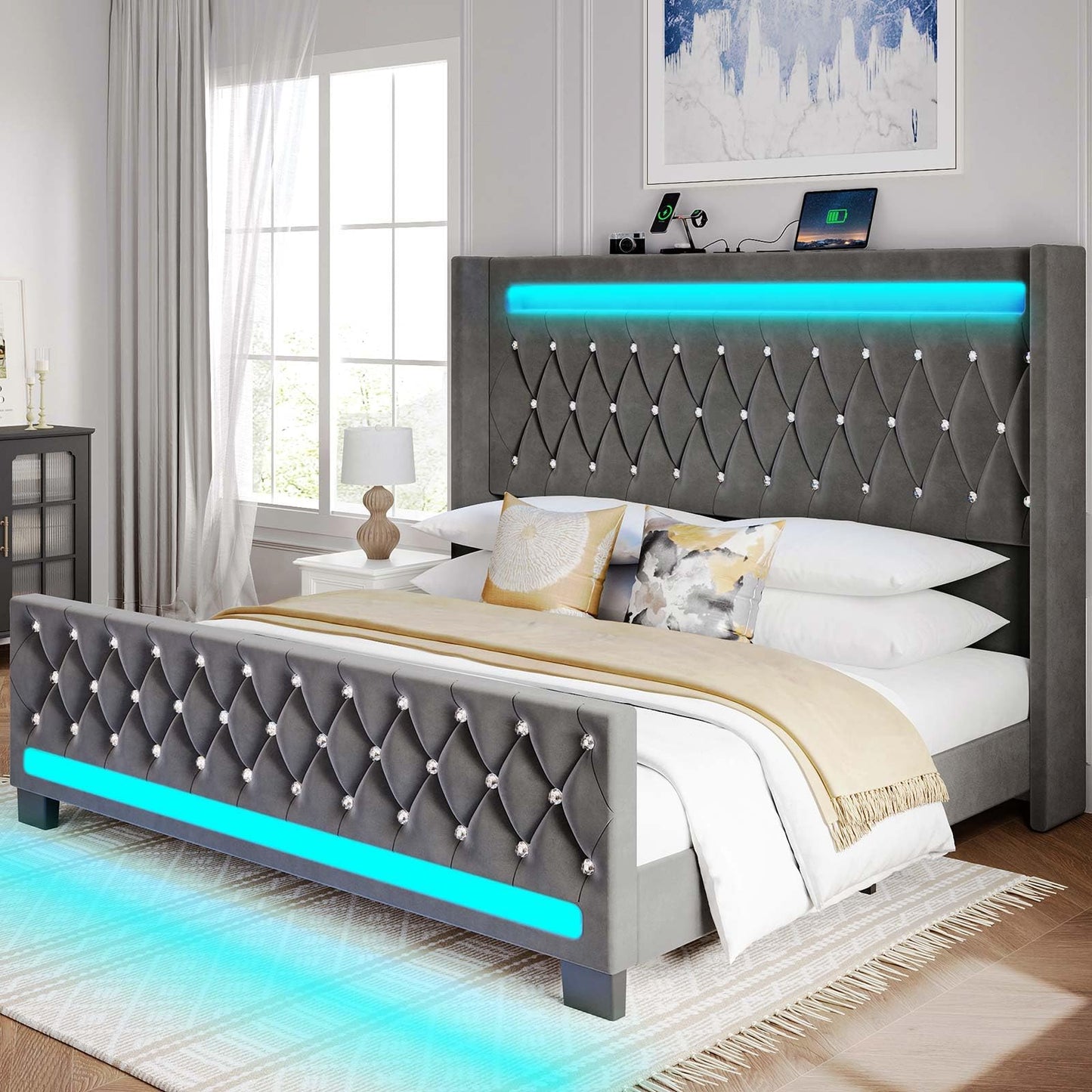 Rolanstar Queen Bed Frame with LED Light and Charging Station, Upholstered High Headboard and Footboard, Wood Slats, Noise Free, Easy Assembly, White