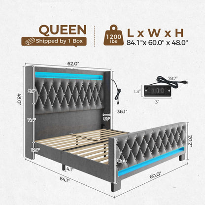 Rolanstar Queen Bed Frame with LED Light and Charging Station, Upholstered High Headboard and Footboard, Wood Slats, Noise Free, Easy Assembly, White