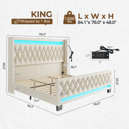 Rolanstar Queen Bed Frame with LED Light and Charging Station, Upholstered High Headboard and Footboard, Wood Slats, Noise Free, Easy Assembly, White