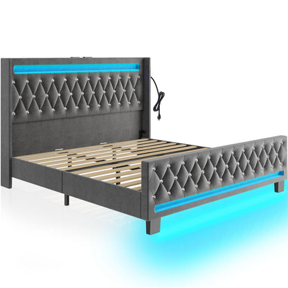 Rolanstar Queen Bed Frame with LED Light and Charging Station, Upholstered High Headboard and Footboard, Wood Slats, Noise Free, Easy Assembly, White