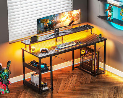 ODK White Desk with Storage Shelves, 48 Inch Gaming Computer Desk with Led Lights & Power Outlet, Writing Desk with Monitor Stand, Work Desk Table for Home Office