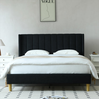 YUHUASHI upholstered Platform Bed Frame/Queen Bed Frame/Modern Geometric Double-Wing Design headboard/Linen Fabric/Easy to Assemble no Noise (Black, Queen (U.S. Standard))