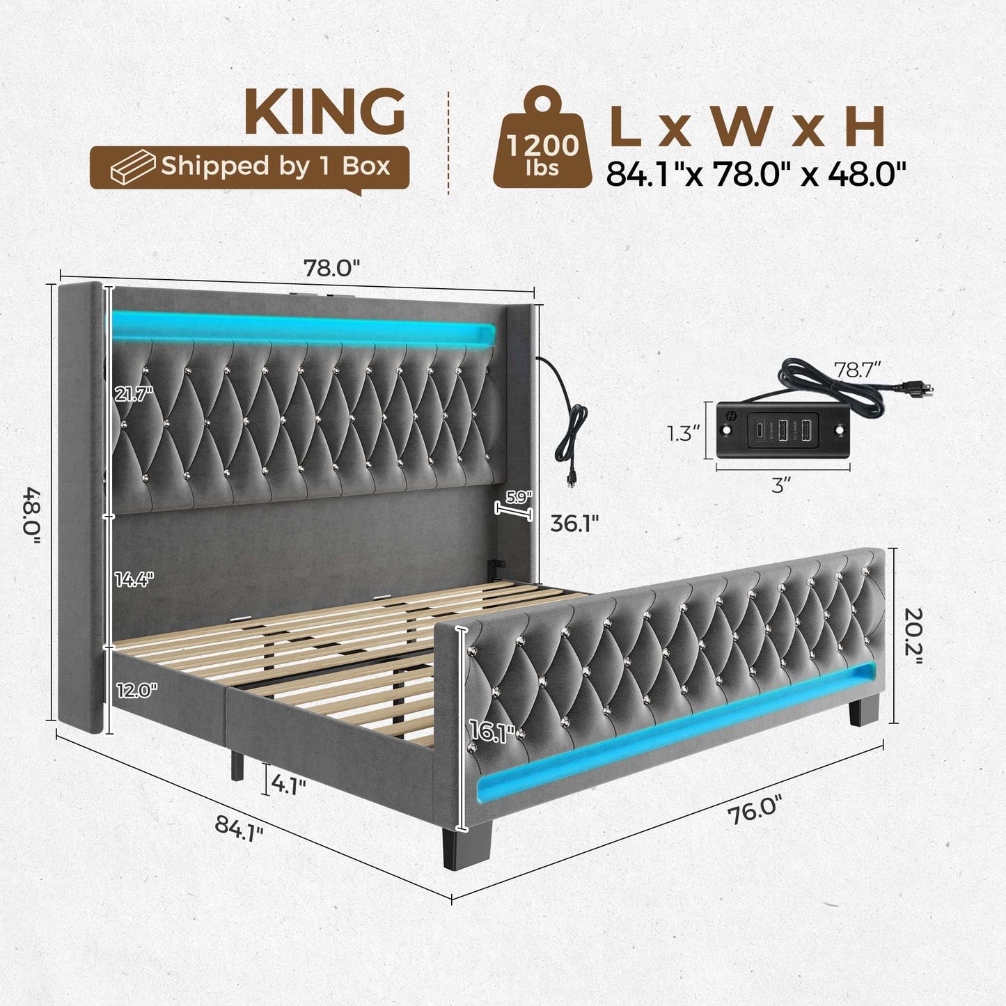 Rolanstar Queen Bed Frame with LED Light and Charging Station, Upholstered High Headboard and Footboard, Wood Slats, Noise Free, Easy Assembly, White